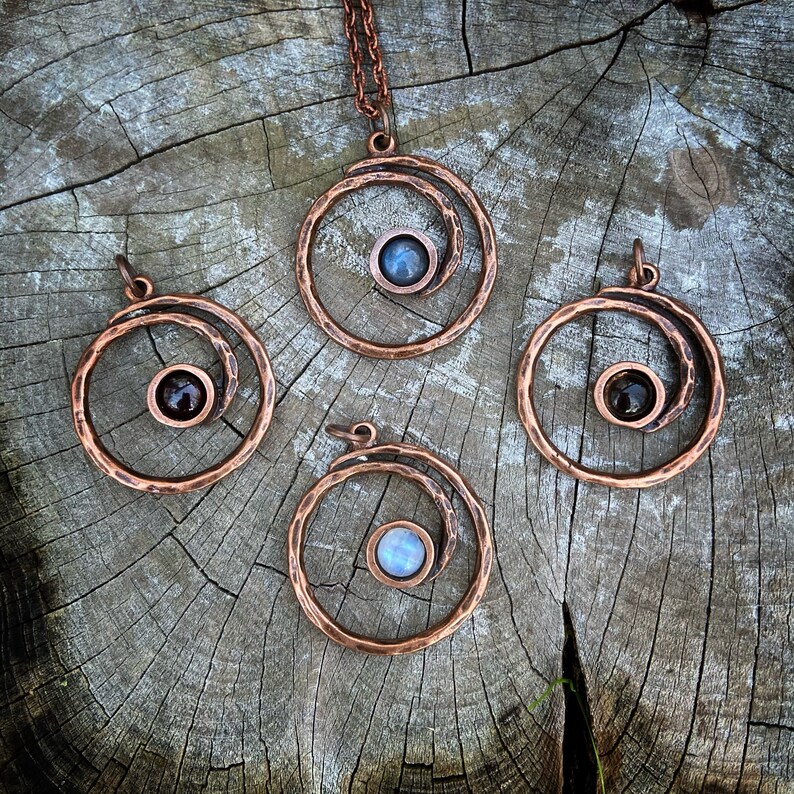 Copper Spiral Pendant with Choice of Labradorite Amethyst Smoky Quartz or Garnet Necklace