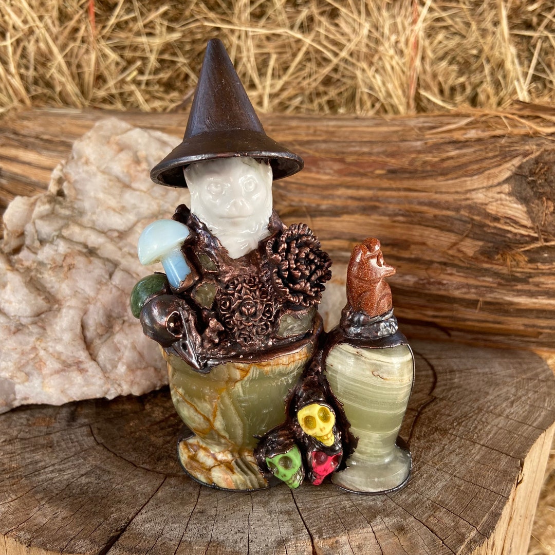 Copper Baba Yaga in Green Onyx Mortar and Pestle With Mushrooms Skulls