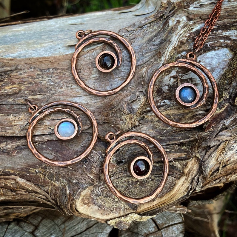 Copper Spiral Pendant with Choice of Labradorite Amethyst Smoky Quartz or Garnet Necklace