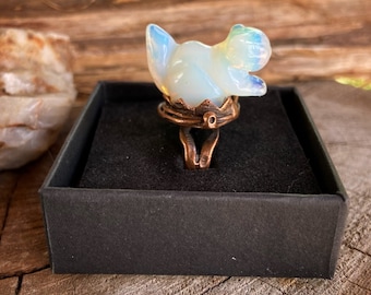Copper Adjustable Ring with Opalite Squirrel