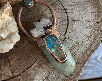 Copper and Labradorite Point with Rose Quartz Bat and Labradorite Coffin and Full Moon Necklace