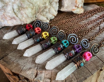 Copper and Quartz Point Skull Pendant