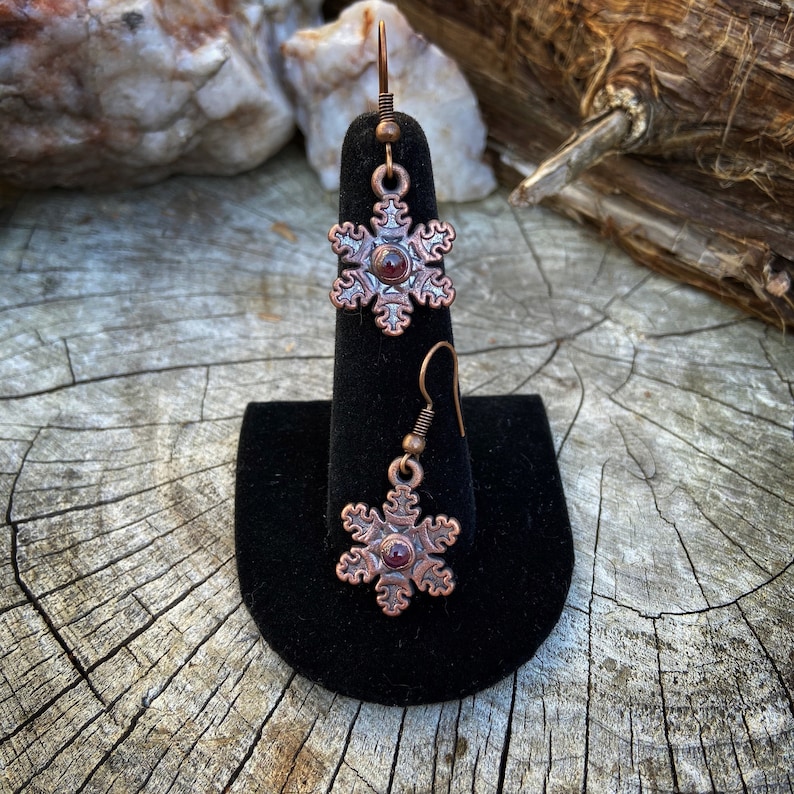Copper Electroformed Snowflake Earrings with Garnets