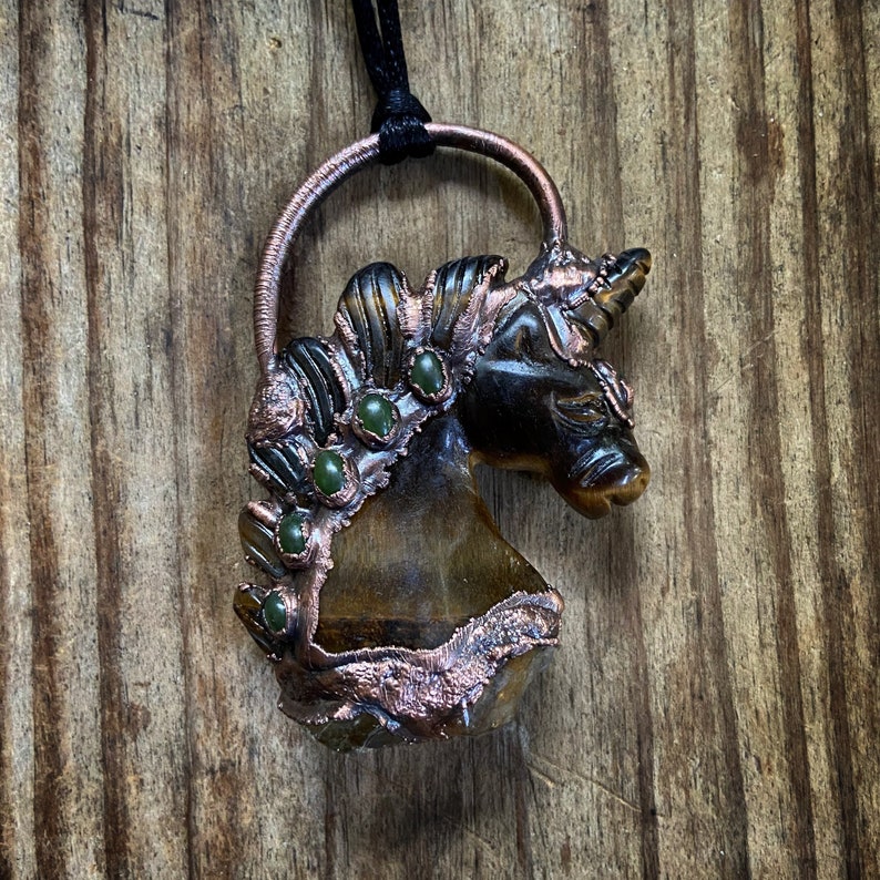 Copper Electroformed Tigers Eye and Jade Unicorn with Citrine Horse Necklace