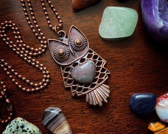 Copper Electroformed Owl Pendant with Moss Agate Heart Necklace