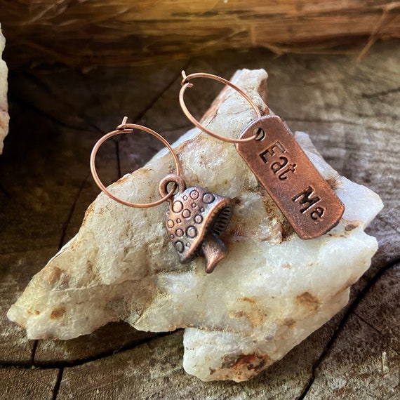 Copper Alice in Wonderland Eat Me and Mushroom Earrings Etsy