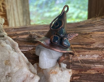 Copper and Quartz Skull Witch Pendant with Labradorite on Hat Necklace