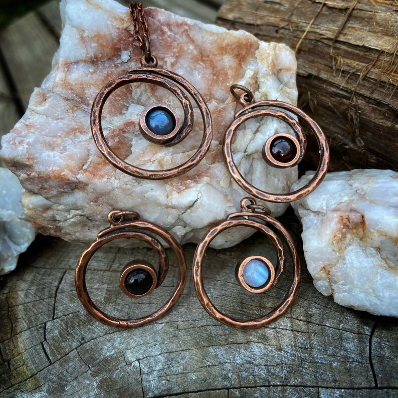 Copper Spiral Pendant with Choice of Labradorite Amethyst Smoky Quartz or Garnet Necklace