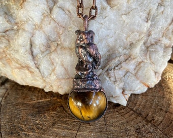 Copper Owl on Tigers Eye Sphere Pendant Necklace