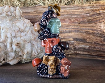 Copper Electroformed Jasper and Aventurine Skulls and Mushrooms Statue with Goldstone Rabbit and Tigers Eye Bird Figurine