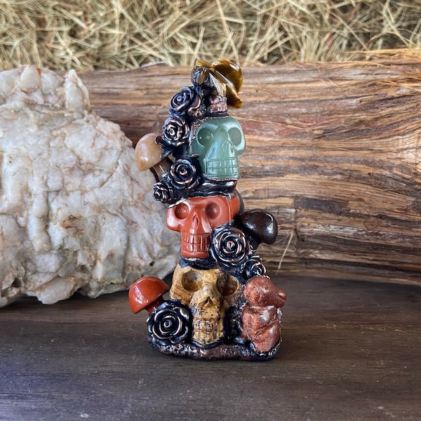 Copper Electroformed Jasper Skull & Mushroom Statue with Goldstone Rabbit