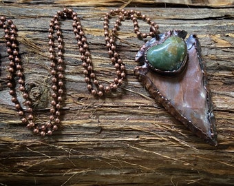 Copper Electroformed Jasper Arrowhead Pendant with Moss Agate Heart Necklace