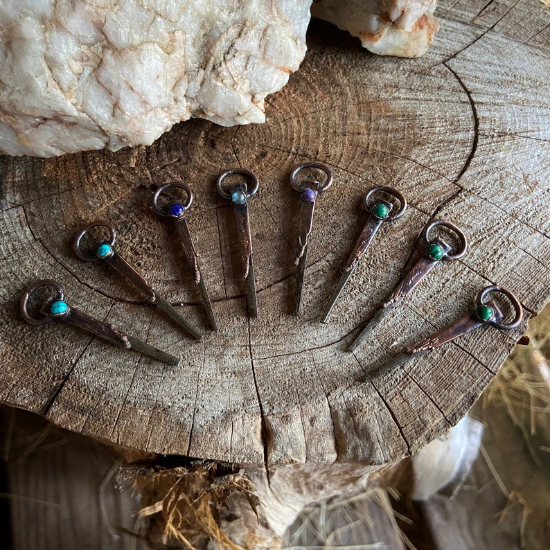 Copper Coffin Nail Pendants with Choice of Lapis Malachite Howlite Labradorite and Purple Turquoise image 10