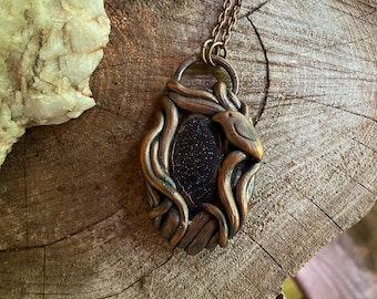 Copper and Blue Goldstone Pendant with Crows Necklace