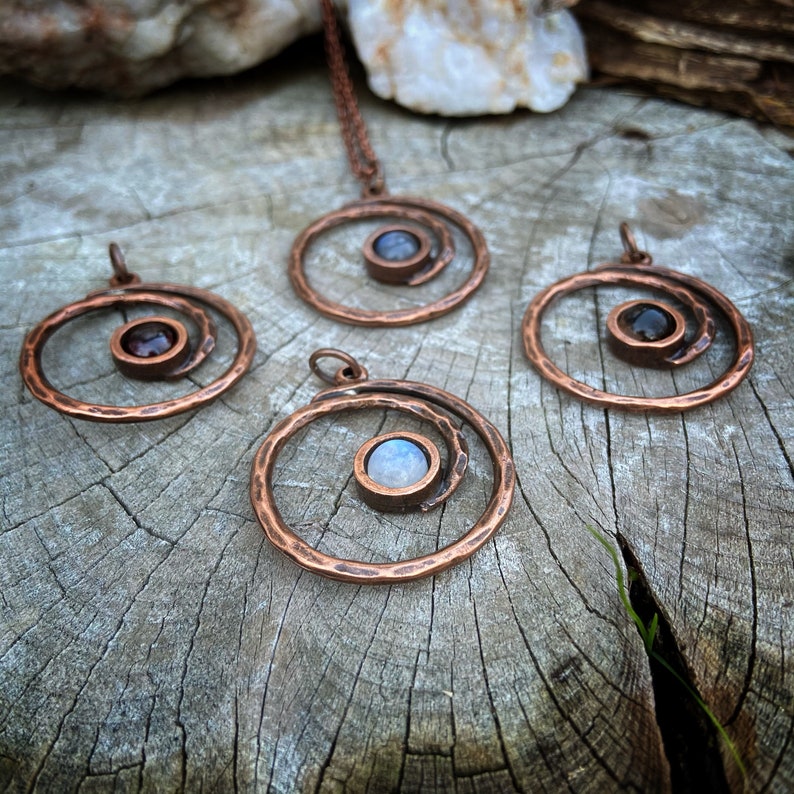 Copper Spiral Pendant with Choice of Labradorite Amethyst Smoky Quartz or Garnet Necklace