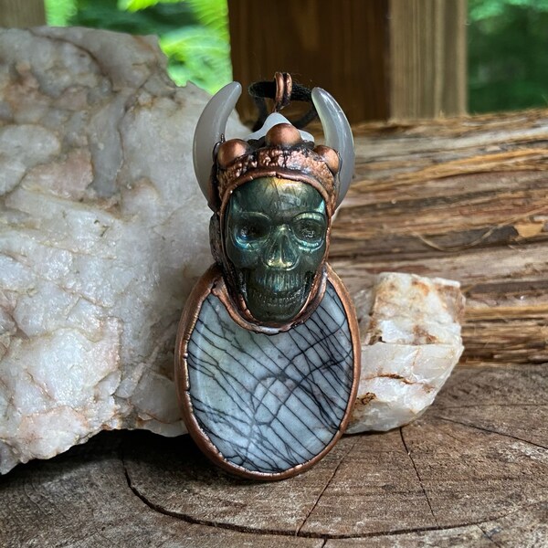 Dead Viking Pendant Copper Spiderweb Jasper Labradorite and Botswana Agate Demon Skull Necklace