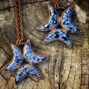 Copper Electroformed Snowflake Obsidian Triple Moon Goddess Pendant Necklace