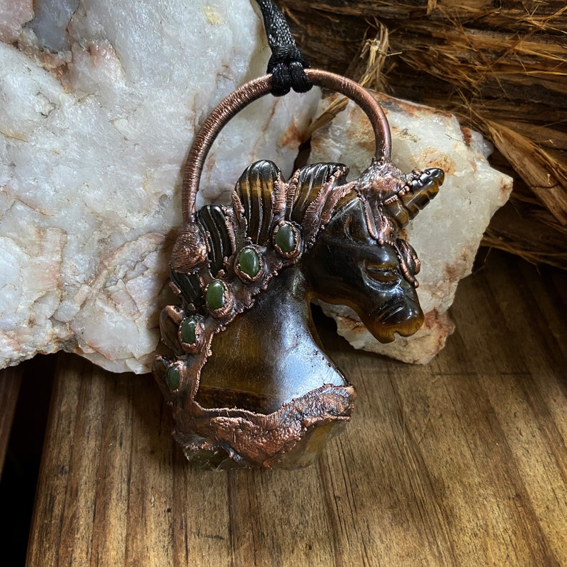 Copper Electroformed Tigers Eye and Jade Unicorn with Citrine Horse Necklace
