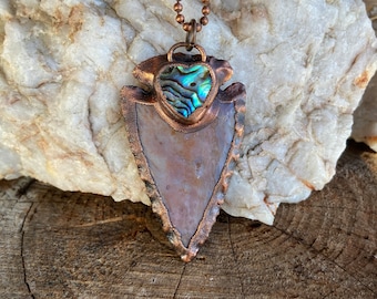 Copper and Jasper Arrowhead with Abalone Heart Pendant Necklace