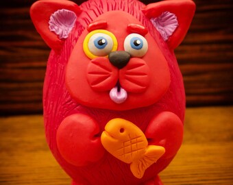 Red Cat with Goldfish Sculpture Chumkin Figure