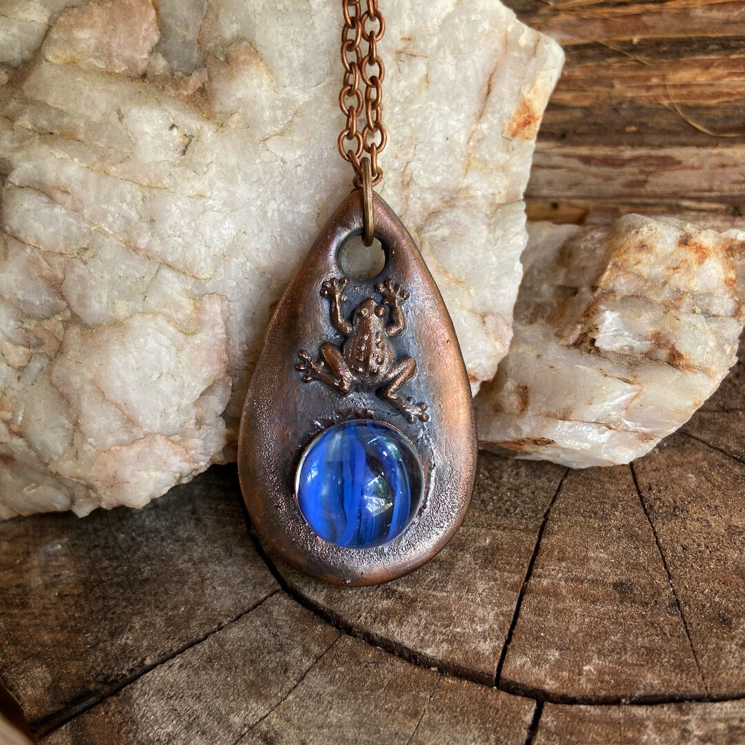 Copper Frog Pendant With Vintage Blue Glass Marble Necklace - Etsy