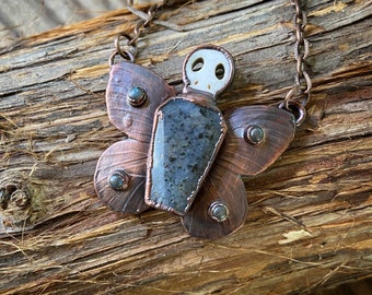 Copper Electroformed Skullerfly Necklace Skull Butterfly Coffin Labradorite Pendant