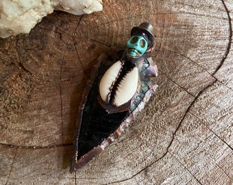 Copper and Obsidian Arrowhead Baron Samedi Pendant with Cowrie Shell Voodoo Skull Necklace