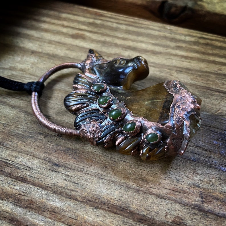 Copper Electroformed Tigers Eye and Jade Unicorn with Citrine Horse Necklace
