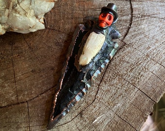 Copper and Obsidian Arrowhead Baron Samedi Pendant with Alligator Tooth Orange Skull Necklace