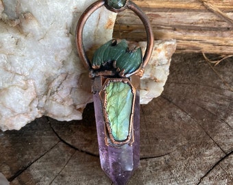 Copper and Amethyst Point with Aventurine Bat and Labradorite Coffin and Full Moon Necklace