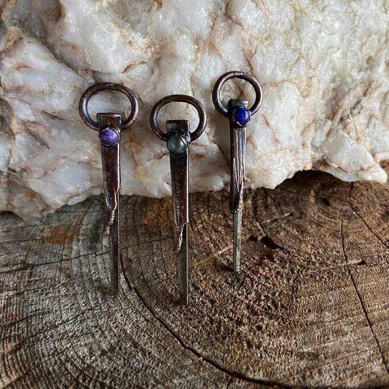 Copper Coffin Nail Pendants with Choice of Lapis Malachite Howlite Labradorite and Purple Turquoise image 6