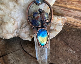 Copper and Clear Quartz Point with Sodalite Bat and Labradorite Coffin and Full Moon Necklace