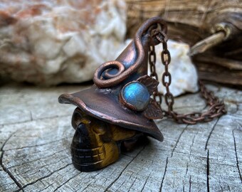 Copper and Tigers Eye Skull Witch with Labradorite Pendant Wizard Hat Necklace