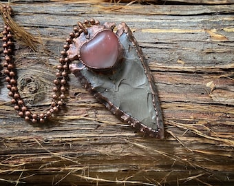 Copper Electroformed Jasper Arrowhead Pendant with Cherry Quartz Heart Necklace