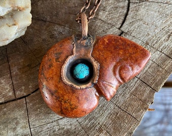 Copper and Jade Dragon Embryo Pendant with Turquoise Howlite Center Necklace