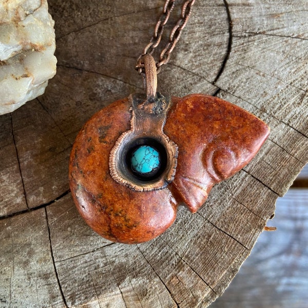 Copper and Jade Dragon Embryo Pendant with Turquoise Howlite Center Necklace