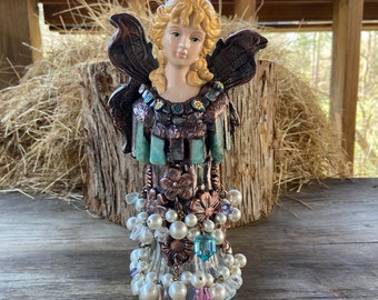 Copper and Porcelain Fairy on Antique Sugar Caster Assemblage Art