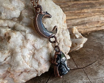 Copper Botswana Agate Crescent Moon and Kambaba Jasper Howling Dog Pendant Wolf or Coyote Necklace