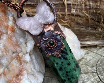 Copper Electroformed Zoisite Point Pendant with Rose Quartz Butterfly and Amethyst Flower Necklace