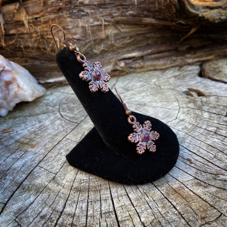 Copper Electroformed Snowflake Earrings with Garnets