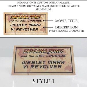 Plaque personnalisée Indiana Jones, accessoire, modèle réduit, feutre, fouet, Webley MK VI, aluminium