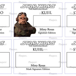 May include: Six Star Wars character plaques featuring Greedo, Kuiil, and a Stormtrooper. Each plaque includes the character's name, film title, and actor's name. Some are "Signature Edition" and "Mask Signature Edition".