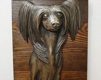 CHINESE CRESTED DOG - unique head relief on the wood