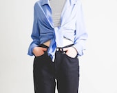 SALE HALF PRICE Sky blue oversized shirt with patterned buttons- minimal, silky 1990's blouse