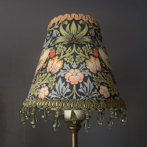 William Morris navy blue 'Strawberry Thief' wall/ table lamp candle clip lampshade