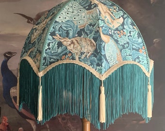 William Morris Standen Forest teal fringed large 18" dome shape lampshade