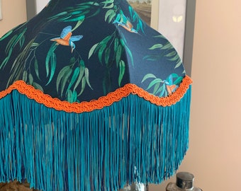 Natural History Museum 'Kingfisher' teal-blue fringed 15" lampshade