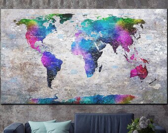 Large World Map Print on Canvas Colorful World Map Wall Art Wanderlust Map of the World Poster Multi Panel Wall Art Gift for Travelers