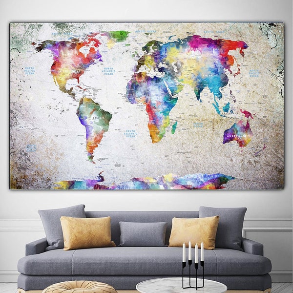 Colorful World Map Wall Art Detailed World Map Print Colorful World Map Decor Push Pin World Map Travel World Map Artwork Modern Wall Print