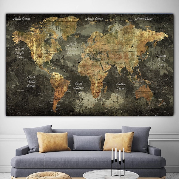 Esclusivo grigio scuro Mappa del mondo Tela Push Pin Mappa di viaggio Grande mappa del mondo Poster Mappa del mondo dettagliata Regalo di viaggio personalizzato Regalo di wanderlust
